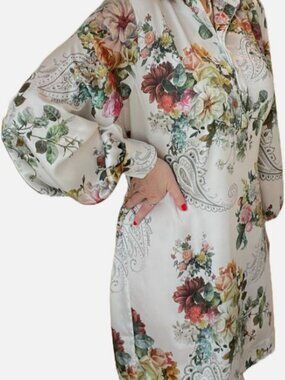 KARMAMIA Women's White Red Floral Satin Long Sleeve Millie Shirt Dress Size L